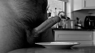 Latin Daddy masturbates and cums in the kitchen